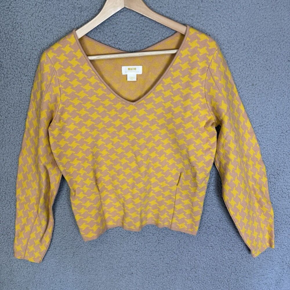 Maeve Anthropologie Lupita Houndstooth V-neck Sweater Sz XS Yellow